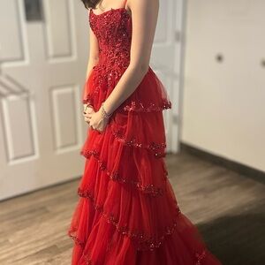 Princess stunning Red Beaded Tiered Tulle Prom Dress